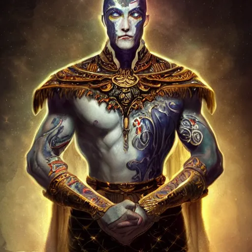 Image similar to an Artstation 3d render of Very very very very highly detailed beautiful mystic portrait of a phantom warrior with galaxy, tattoos by Anton Pieck, intricate, extremely detailed, digital painting, artstation, sharp focus, intimidating lighting, incredible art,