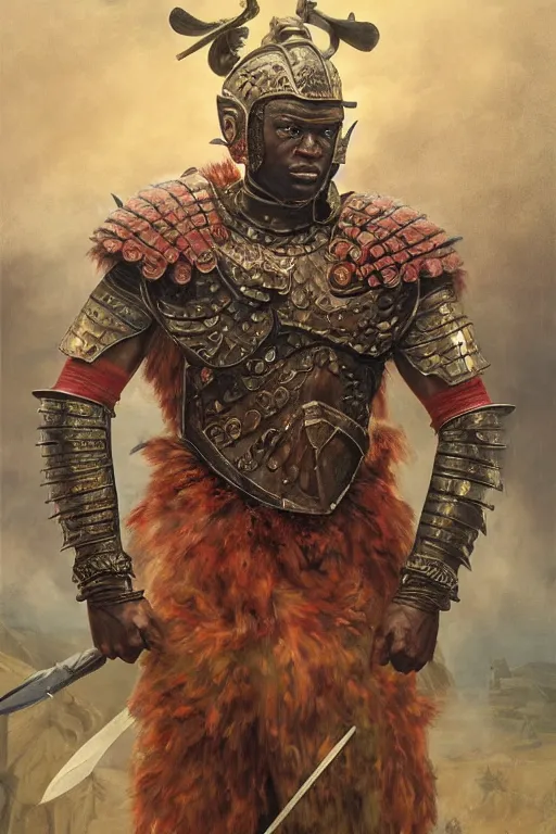 Prompt: a powerful and muscular make igbo warrior , half body portrait, blond hair, ornate armour, realistic oil painting by Thomas Cole and Wayne Barlowe and Boris Valejo