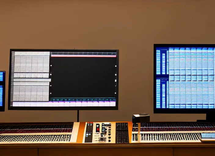 Image similar to studio photo still of an audio mixing board, 8 k, studio lighting, overhead spotlights