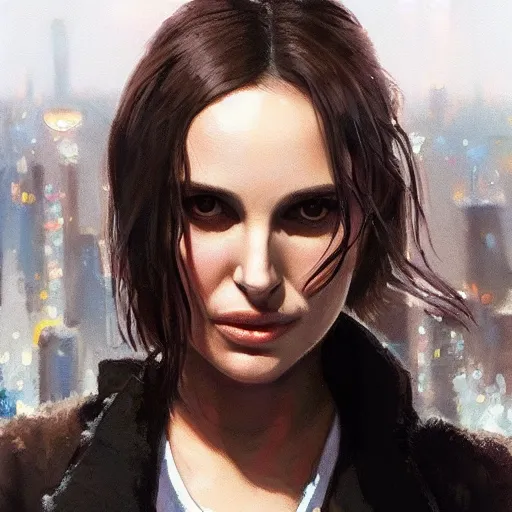 Image similar to closeup portrait of natalie portman from the movie leon the professional, matilda, hitman, city background, dramatic light, gorgeous view, depth, high detail, digital art, painted by greg rutkowski and seb mckinnon, by tim burton, trending on artstation