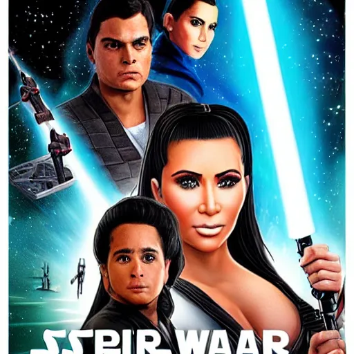 Image similar to super detailed star wars movie poster with ben shapiro, snooki and kim kardashian, 8k full HD photo, cinematic lighting, anatomically correct, oscar award winning, action filled, correct eye placement,