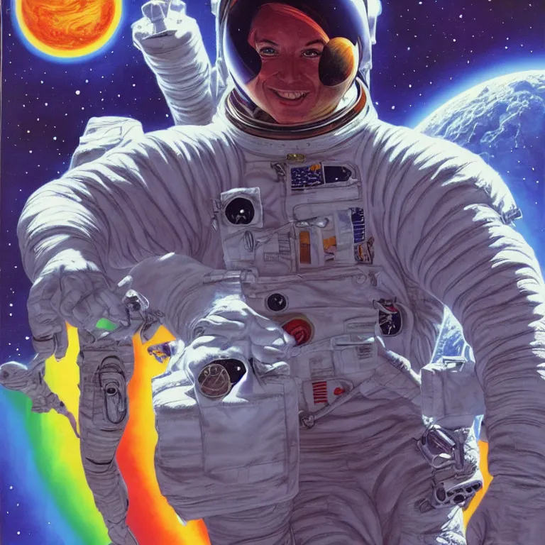 Image similar to astronaut at the rainbow bridge. paul gulacy. philip caza. artgerm.