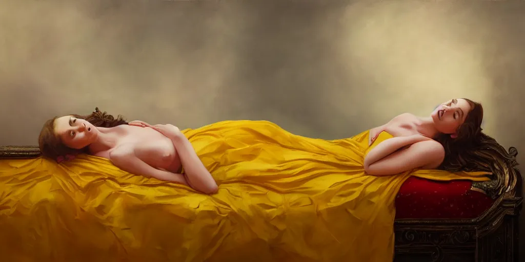 Prompt: beautiful oil matte portrait painting, young woman lying on a red bed sheet wearing a mustard yellow dress covered in giant rose petals, wonderful masterpiece highly detailed, beautiful cinematic light deep focus, elegant, digital painting, smooth, sharp focus, golden ratio, dramatic illumination, ultra realistic, 8 k, art by jimmy law