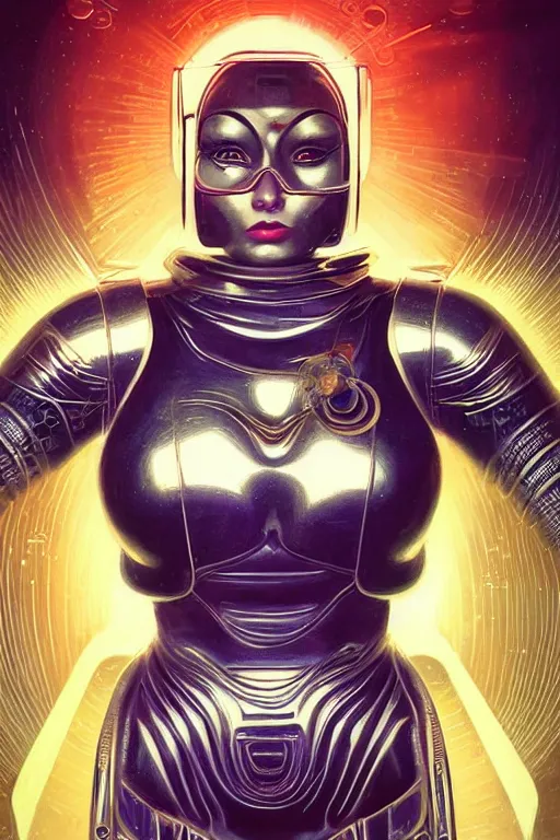 Prompt: retro-futuristic portrait of a beautiful female android in old scratchy chrome armour, ornate background, rim light, ornate pattern, glowing eyes, evil expression, high details, intricate details, renaissance painting by vincent di fate, artgerm julie bell beeple, 80s, Smooth gradients, High contrast, depth of field, very coherent symmetrical artwork