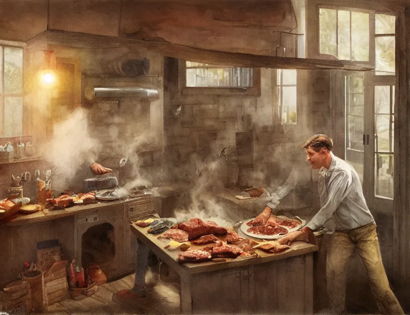Image similar to jerma 9 8 5 cooking meat in a kitchen in country house, cottage core, cinematic focus, polaroid photo bleached vintage pastel colors high - key lighting, soft lights, foggy, by steve hanks, by lisa yuskavage, by serov valentin, by tarkovsky, 8 k render, detailed, oil on canvas