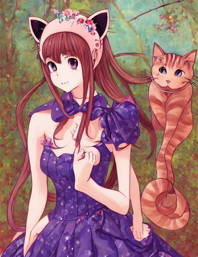 Image similar to princess with cat ears, wearing a lovely dress. this oil painting by the award - winning mangaka has impeccable lighting, an interesting color scheme and intricate details.