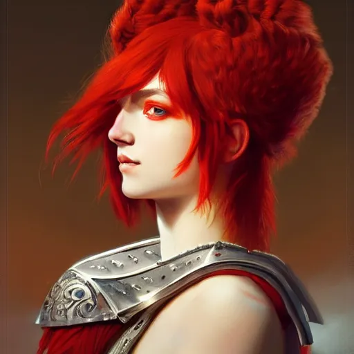 Image similar to portrait of an ancient roman character with red hair in incredible rich ornate armor, by ilya kuvshinov, by thomas lawrence, by bayard wu, trending on artstation, masterpiece