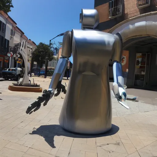 Prompt: Photo of glados from portal 2 as a large metal statue in town center