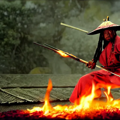 Image similar to cinematic film still Lil' Wayne starring as a Samurai holding fire, Japanese CGI, VFX, 2003, 400mm lens, f1.8, shallow depth of field,film photography