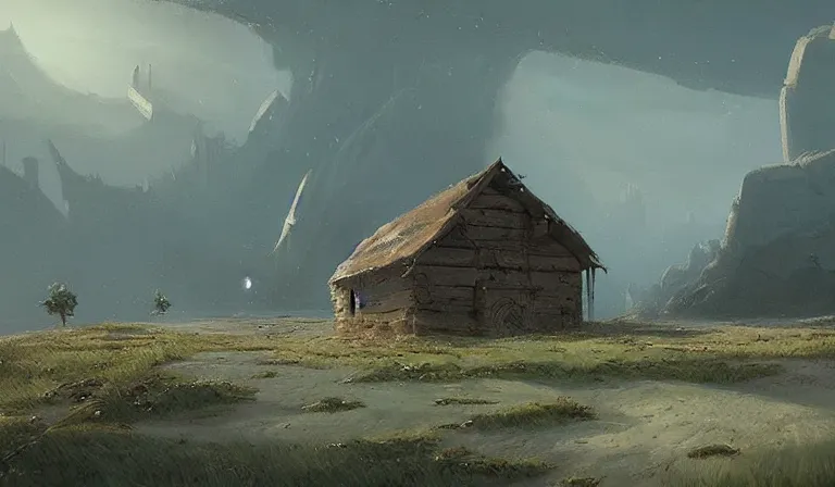 Prompt: A serene landscape with a singular building in the style of Greg Rutkowski.