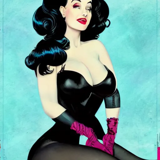 Image similar to a pinup illustration of dita von teese in the style of anna dittmann and in the style of alex maleev.