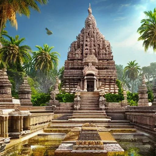 Prompt: 4 k unreal engine render of an ancient never seen before indian high detail palace and temple islands. complex architecture with intricate aetheral pilars. high detailed water. jungle background. afternoon light. hyper realistic render, digital illustration, trending on art station