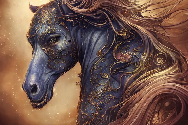 Image similar to a wlop 3 d render of very very very very highly detailed beautiful mystic portrait of a phantom undead horse with whirling galaxy around, tattoos by anton pieck, intricate, extremely detailed, digital painting, artstation, concept art, smooth, sharp focus, illustration, intimidating lighting, golden details, incredible art,