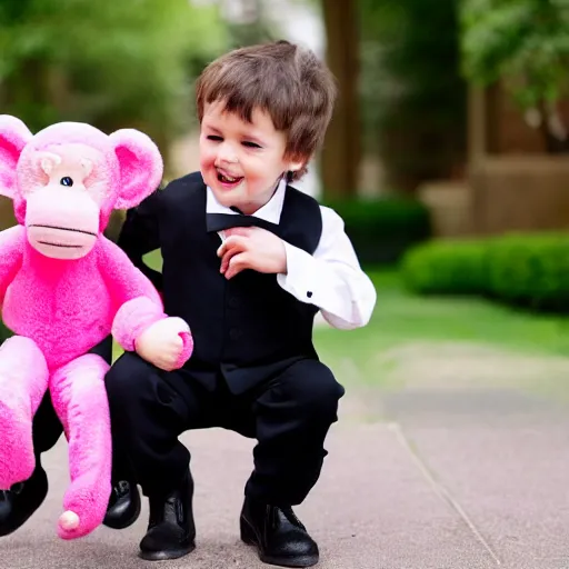 Prompt: little boy being taken away from family by a pink monkey wearing a black tie