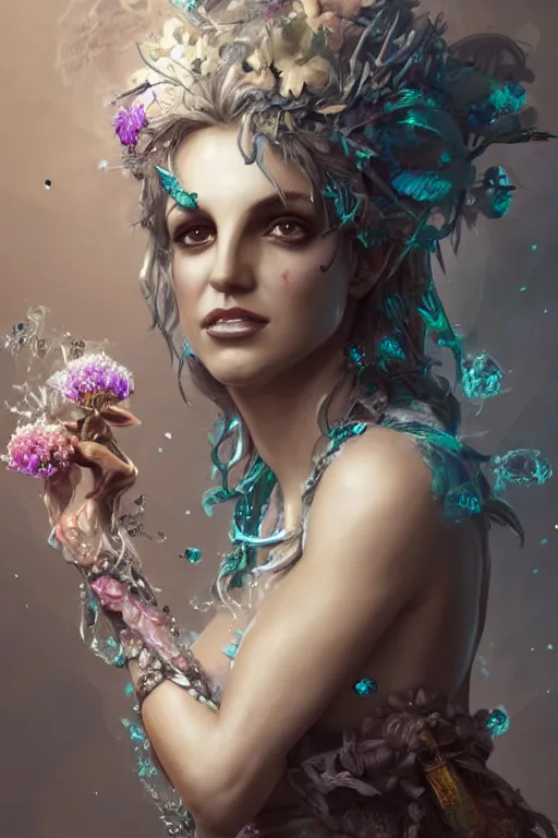 Image similar to britney face closeup of beautiful girl necromancer, witch - doctor covered with crystals exploding into ice, 3 d render, hyper realistic detailed portrait, holding magic flowers, ruan jia, wlop. scifi, fantasy, hyper detailed, octane render, concept art, peter mohrbacher