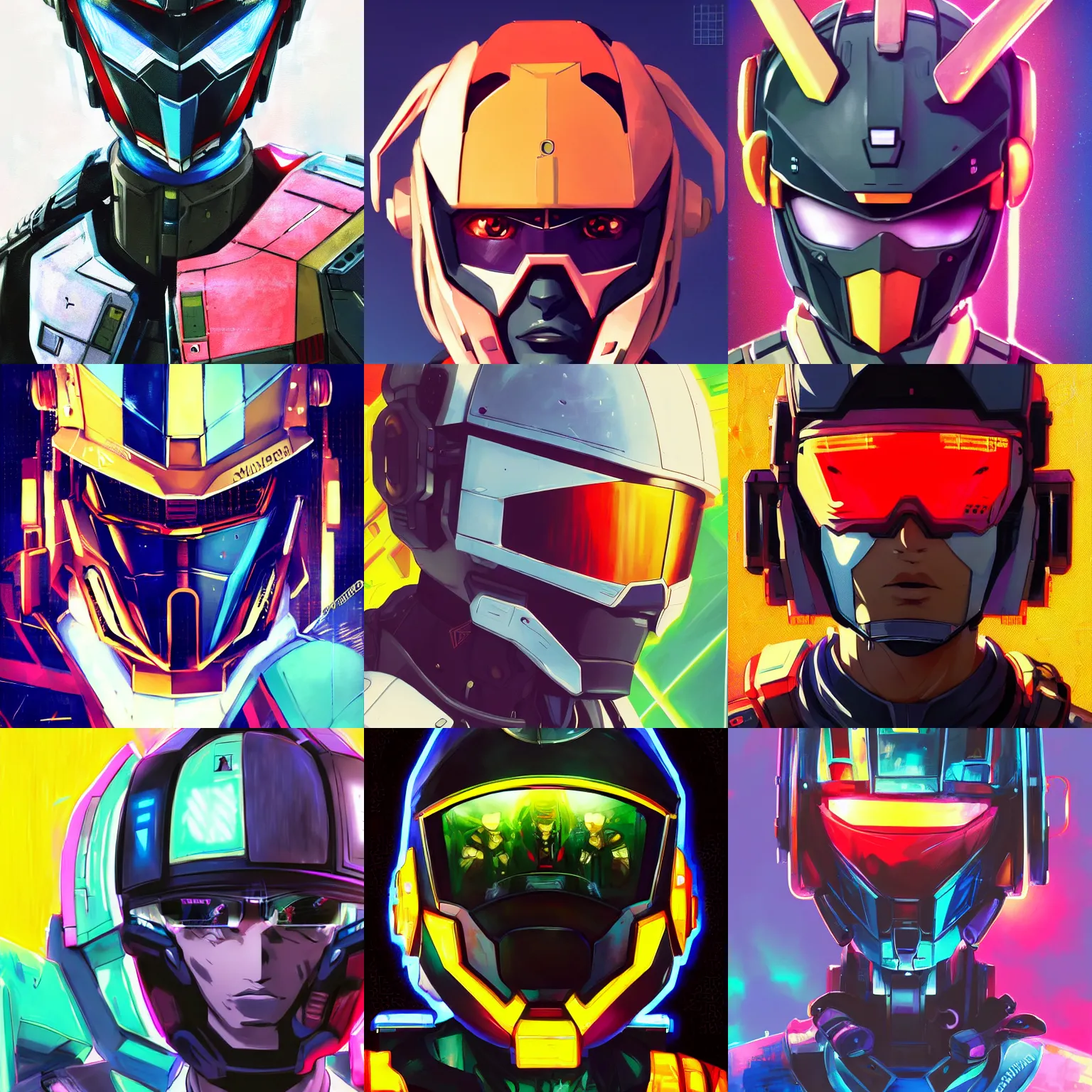 Prompt: anime manga cyberpunk handsome nigerian male athletic gundam pilot portrait with an intricate futuristic urban inspired helmet, hyperrealistic oil painting, by makoto shinkai and ilya kuvshinov and lois van baarle and rossdraws and basquiat, trending on artstation, cmyk, chromatic aberration, bright neon color palette, symmetrical features