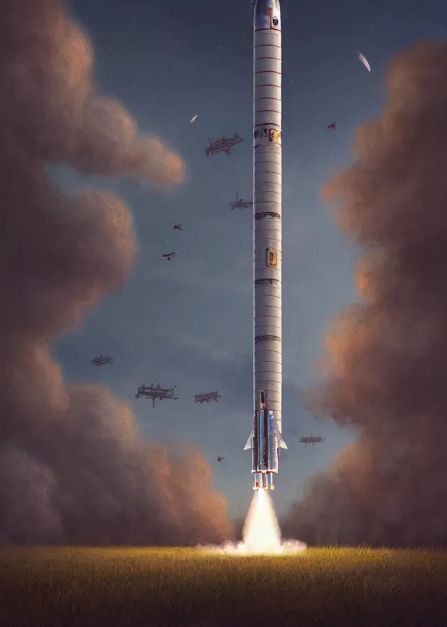 Image similar to epic professional digital art of vertical rocket on launch pad, at takeoff, ambient light, painted,, cinematic, detailed, grand, leesha hannigan, wayne haag, reyna rochin, ignacio fernandez rios, mark ryden, van herpen, artstation, cgsociety, epic, stunning, gorgeous, wow wow detail