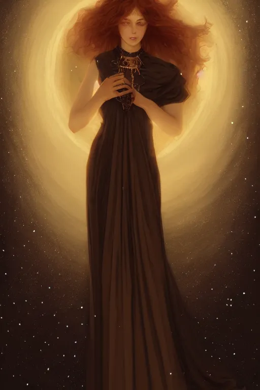 Image similar to Nocturne, glowing, stars, a long-legged occultist woman, long auburn hair, choker, highly detailed, mysterious, ethereal, sigils, haute couture, illustration, dramatic lighting, soft details, painting, by Edmund Blair Leighton, Brom, Charlie Bowater, trending on artstation, faces by otto schmidt