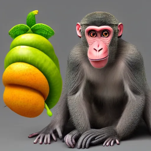 Image similar to A monkey made out of fruit, 3d render, highly detailed, hyper realistic