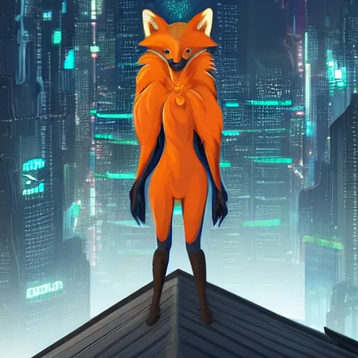 Image similar to an anthropomorphic fox, holding her paws together behind her back staring over a futuristic city from the top of a roof, highly coherent, trending on furaffinity, cyberpunk