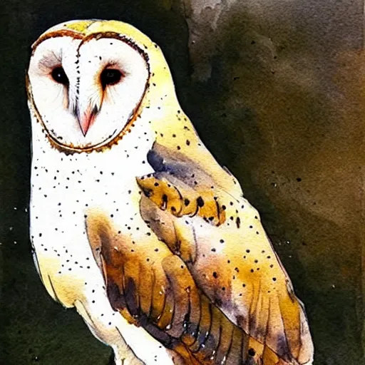 Image similar to a barn owl, watercolor with dripping paint, soft colors, style of anders zorn