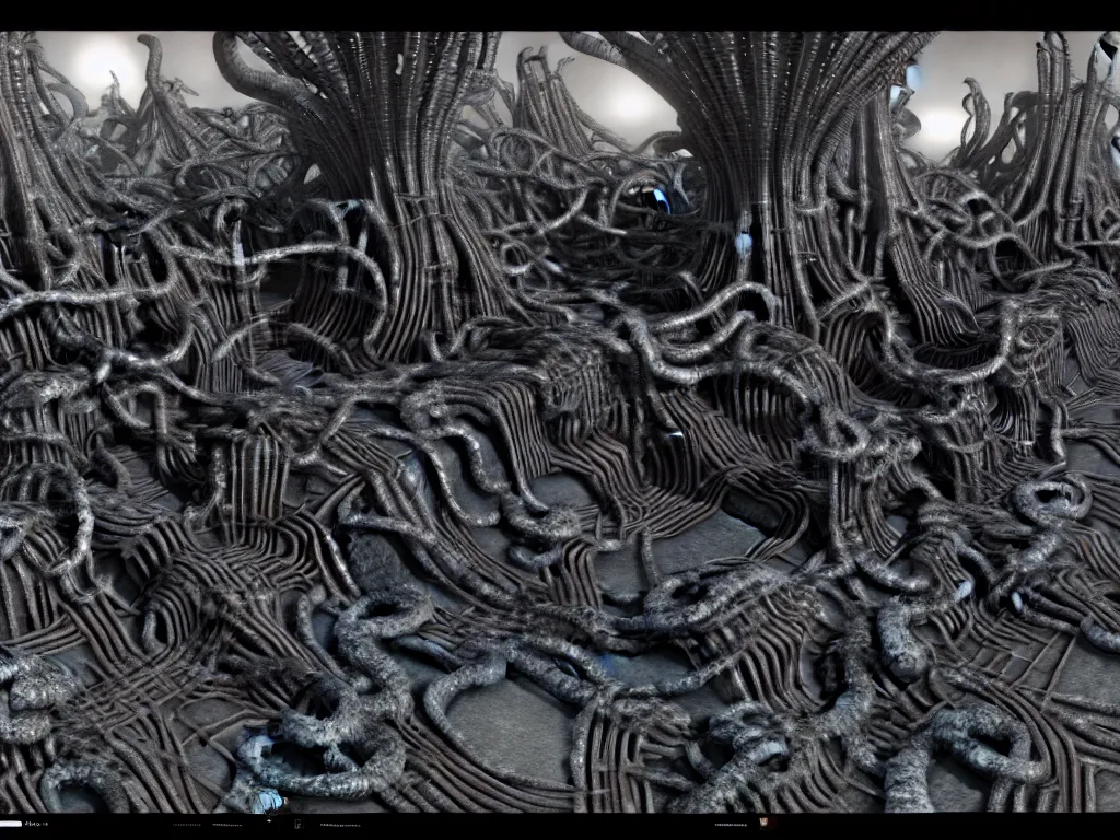 Prompt: hr giger landscape, neo surrealism, art by ernst haeckel and daniel martin diaz and mc escher, 8 k, unreal engine render