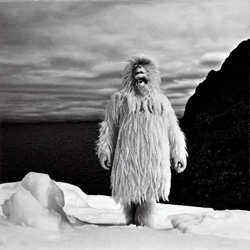 Prompt: an old photograph of a yeti in the arctic wastes