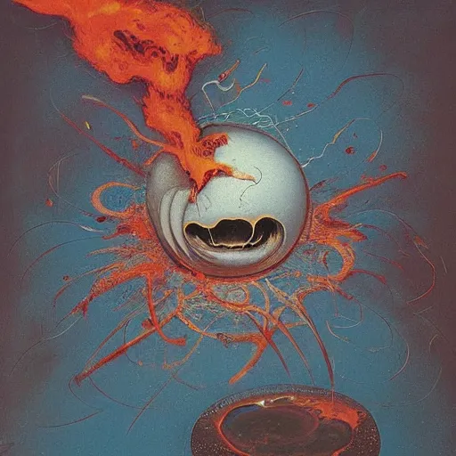 Image similar to a sphere being devoured by abstract splatters of paint in the style of francis bacon, venus being engulfed in flames in the style of james jean, surreal, beksinski, high detailed