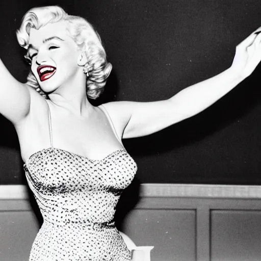 Image similar to photo of marilyn monroe dancing in a red dress, realistic