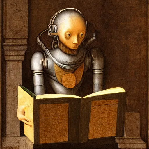 Prompt: a robot reading a book by leonardo da vinci