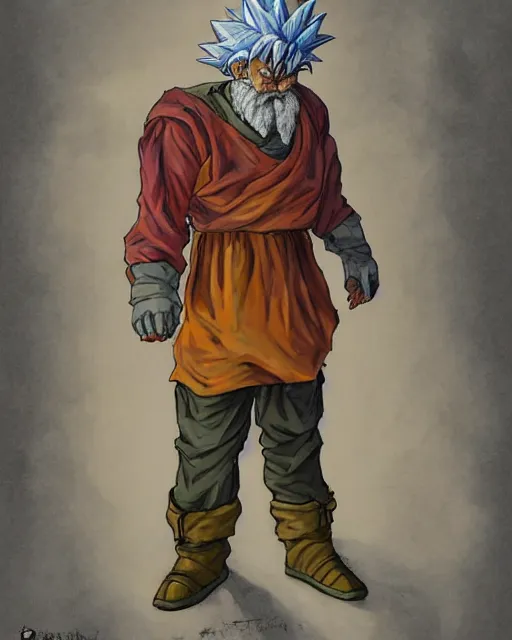 Image similar to a oil / watercolor painting full body character portrait of an old homeless saiyan soldier / mercenary in the style of moebius in the style of leonard boyarsky trending on artstation deviantart pinterest detailed photorealistic highlights and shadow hd 8 k post - processing high resolution