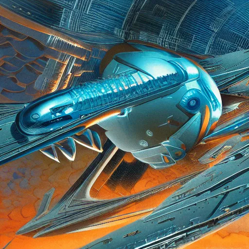 Prompt: cinematic still of hyper detailed realistic highly technical greeble hard surface modelled afro futurist spaceport, surreal flying aircraft, deep perspective, wide angle, insanely detailed and intricate, teal gold and orange color scheme, bernie wrightson