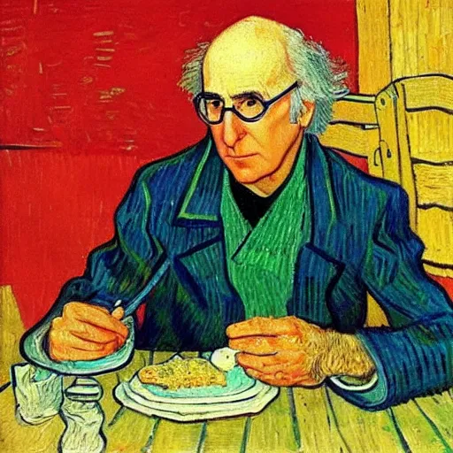 Prompt: Larry David eating a bagel in the style of Van Gogh, oil painting