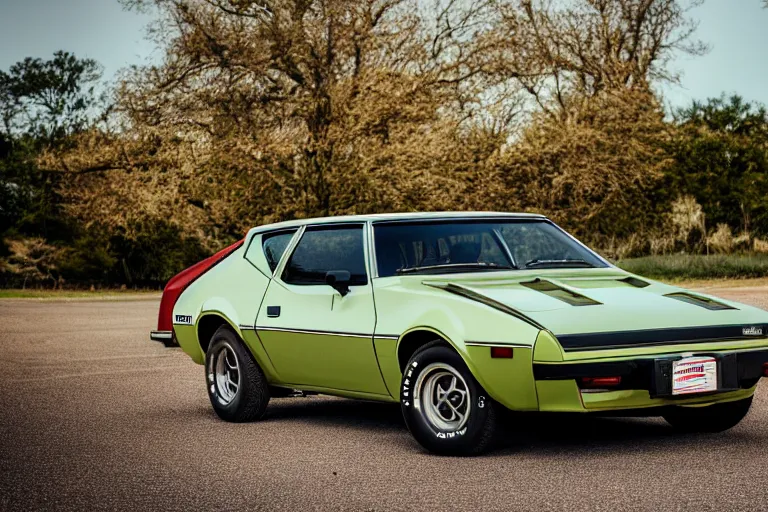 Prompt: 1974 AMC AMX/3 wagon estate, XF IQ4, 150MP, 50mm, F1.4, ISO 200, 1/160s, natural light, Adobe Photoshop, Adobe Lightroom, photolab, Affinity Photo, PhotoDirector 365