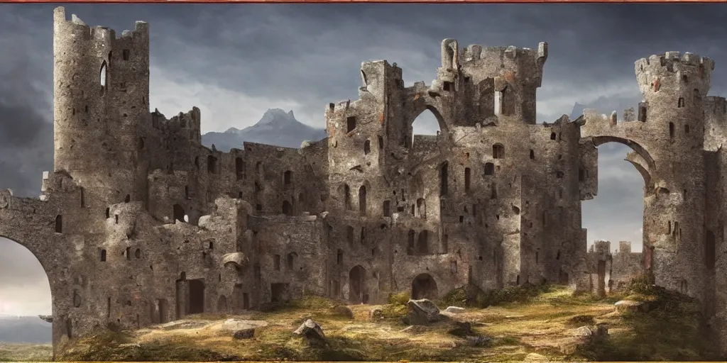 Image similar to matte painting, castle, dramatic landscape, ruins