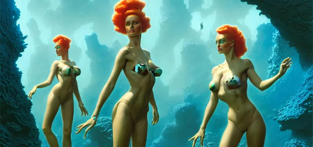 Prompt: beautiful alien women wearing plastic armor bathing in luminous water in the style of roger dean and alberto vargas and stefan kostic, realistic, photoreal, sharp focus, 8 k high definition, insanely detailed, intricate, elegant, art by greg rutkowski and artgerm, extreme blur coral reef background