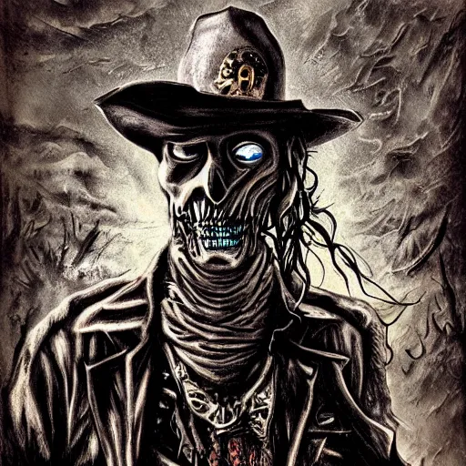 Image similar to portrait of a corrupted eldritch cowboy in a scenic environment by simon bisley, steampunk, lovecraftian, oldwest, beast, corruption, eyes