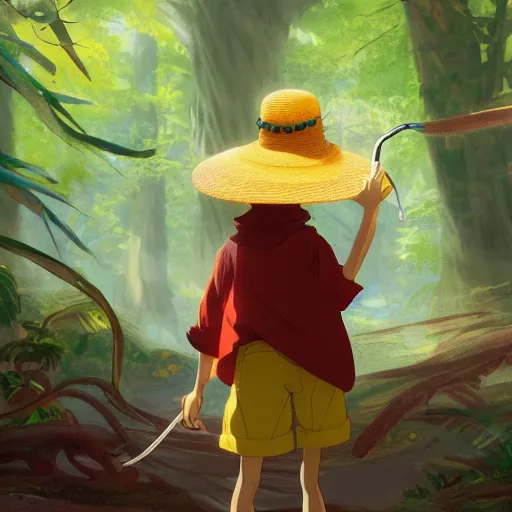 Prompt: concept art painting of an anthropomorphic luffy wearing a yellow cloak, holding a straw hat, in the deep forest, realistic, detailed, cel shaded, in the style of by isaac asimov and marc simonetti and makoto shinkai and greg rutkowski