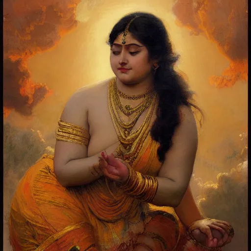 Image similar to detailed portrait of thicc hindu traditional woman with angel wings coming down to earth in baroque painting, girl graceful, eyes closed, painting by gaston bussiere, craig mullins, j. c. leyendecker