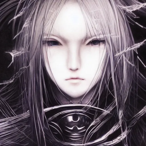 Image similar to Yoshitaka Amano blurred and dreamy illustration of an anime girl with pirate eye patch, wavy white hair and cracks on her face wearing Elden ring armour with the cape fluttering in the wind, abstract black and white patterns on the background, noisy film grain effect, highly detailed, Renaissance oil painting, weird portrait angle