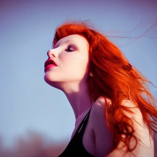 Image similar to beautiful redhead woman looking up at an angle full body with magic hour light y