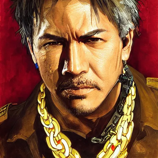 Prompt: portrait of a hero holding his gun in front of his face by yoji shinkawa, high quality, extra details, realism, ornate, colored, golden chain, blood, white skin, short hair, brown eyes, vivid, sunlight, dynamic, american man, freedom, white american soldier, painting