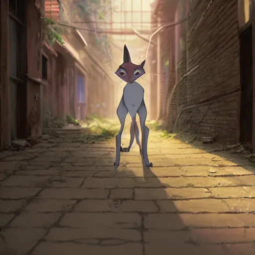 Image similar to a wholesome animation key shot of a focused cute caracal in an abandoned alleyway, medium shot, waist up, studio Ghibli, Pixar and Disney animation, sharp, very detailed, high resolution, Rendered in Unreal Engine 5, anime key art by Greg Rutkowski, Bloom, dramatic lighting