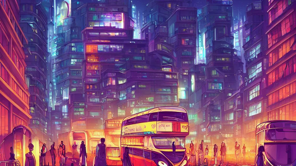 Image similar to street view of futuristic london city at night by cyril rolando and naomi okubo and dan mumford and zaha hadid. advertisements. elegant lamps. double decker bus.