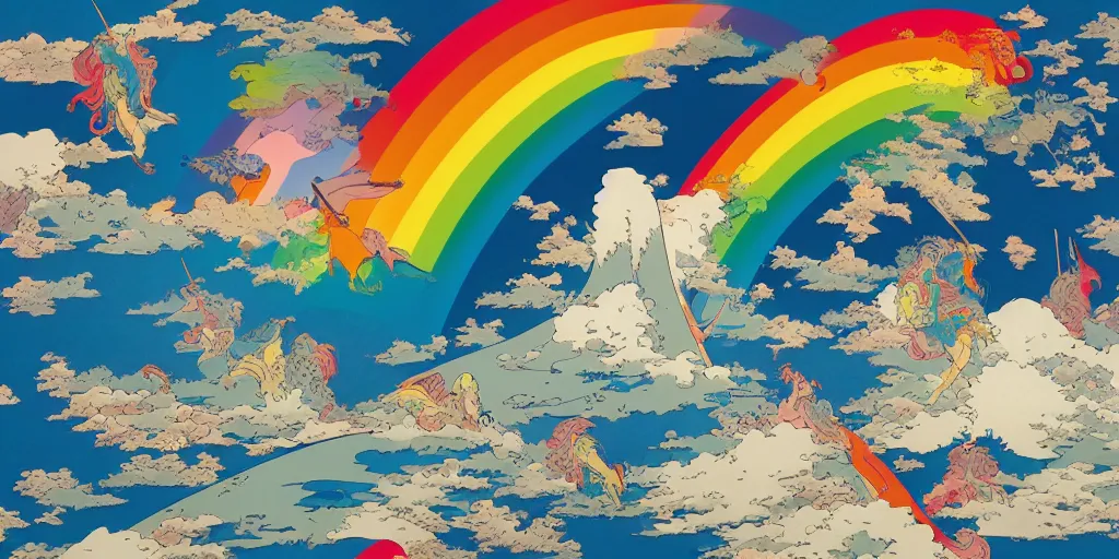 Prompt: rainbows, unicorns, and clouds isolated in the sky by Frank Miller and Hokusai, 8k, vector