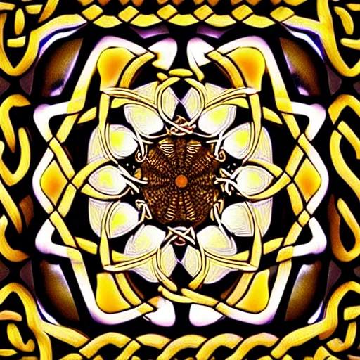 Image similar to ornate psychedelic twisting three dimensional celtic pattern vortex inside a hexagonal box, intricate detail, complex