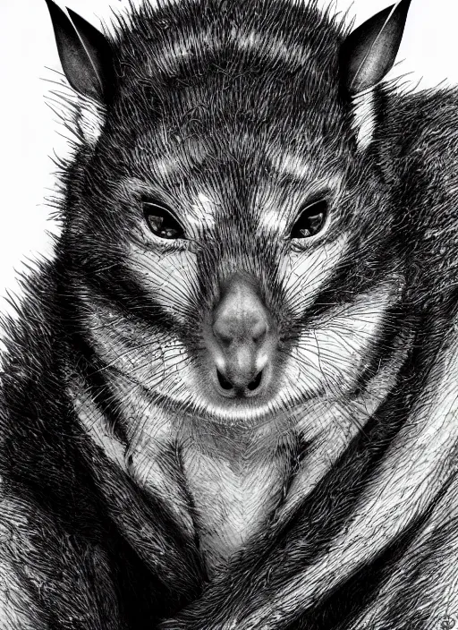 Image similar to close up portrait of a possum, powerful, domineering, stoic, masterful, intense, ultrafine hyperdetailed illustration by kim jung gi, irakli nadar, intricate linework, sharp focus, octopath traveler, yoji shinkawa, highly rendered, detailed, concept art