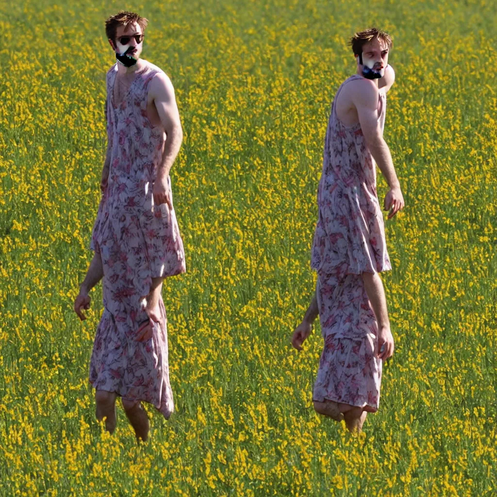 Image similar to robert pattinson in a sundress frolicking through a field