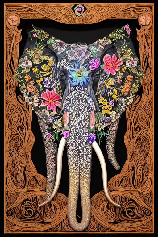 Image similar to Painted dark-wood panel relief carving of a close up of a Flowerpunk Matriarch Elephant, ornate border frame, explosion of colorful flowers, dark wood, intricately carved, black ink, festival of rich colors, intricate details, cinematic lighting, volumetric lighting, post-processing, art nouveau, tarot, fractal art, mandala, by andreas rocha and john howe, and Martin Johnson Heade, featured on artstation, featured on behance, golden ratio, hyper detailed, photorealistic, epic composition, center spotlight, f32, well composed, symmetrical, UE5, 8k