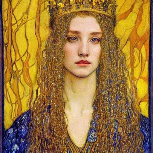 Image similar to detailed realistic beautiful young medieval queen face portrait by jean delville, gustav klimt and vincent van gogh, art nouveau, symbolist, visionary, gothic, pre - raphaelite